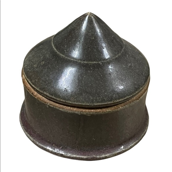 STONEWARE trinket box w/cone shaped matching lid green/gray color. - Picture 1 of 9